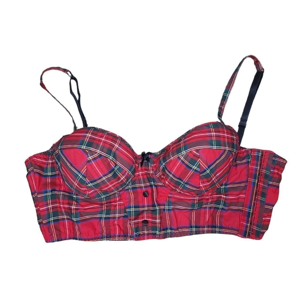 Fredericks of hollywood plaid red black schoolgirl bustier crop top size large
